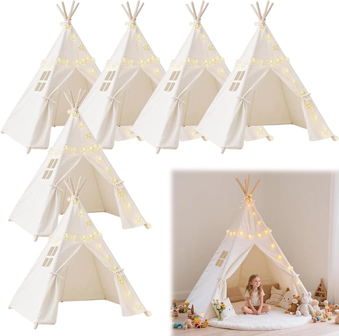 Quaocens 6 Pack Teepee Tent for Kids,Collapsible Kids Teepee Tent with 10 Ft String Lights,White Kid Teepee Boys Girls Ind...