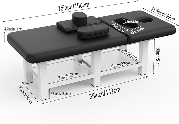 Stationary Massage Table, 75”L 31.5''W Heavy Duty Esthetician Bed, 800LBS Metal Frame PU Leather Physical Therapy Table Spa Lash Bed Professional Equipment (Black)