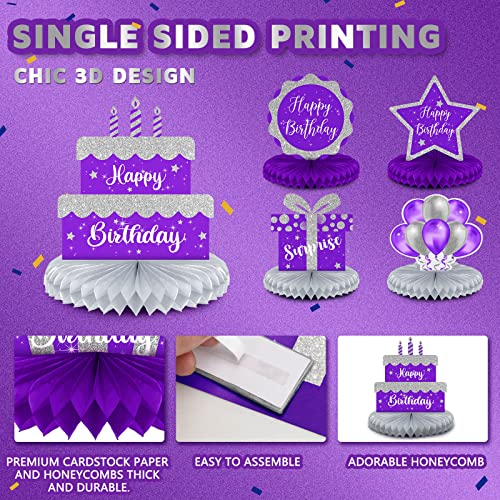 Yexiya 8 Pcs Purple and Silver Birthday Centerpiece Table Decoration, Happy Birthday Honeycomb Centerpieces Honeycomb Tabl...