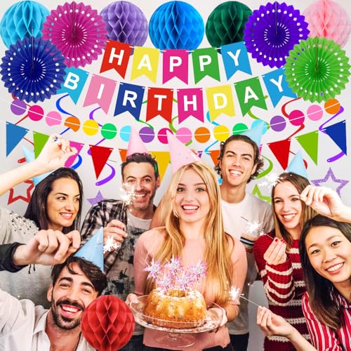 Birthday Decorations Colorful Happy Birthday Banner Paper Fans Honeycomb Balls Hanging Swirl Stars Triangles Dots Garland ...