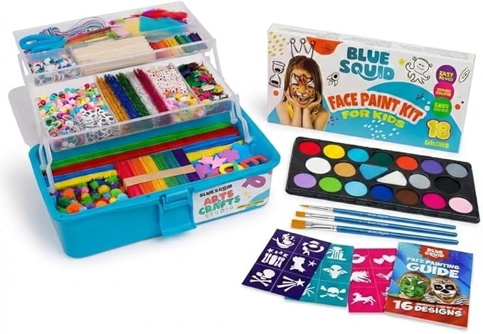 Blue Squid Arts & Crafts Box (Blue)- 2800+ pcs Deluxe Craft Supplies Box with Face Painting Kit for Kids – 18 Colors Kids Face Paint Kit Palette with Stencils & Guided Tutorial