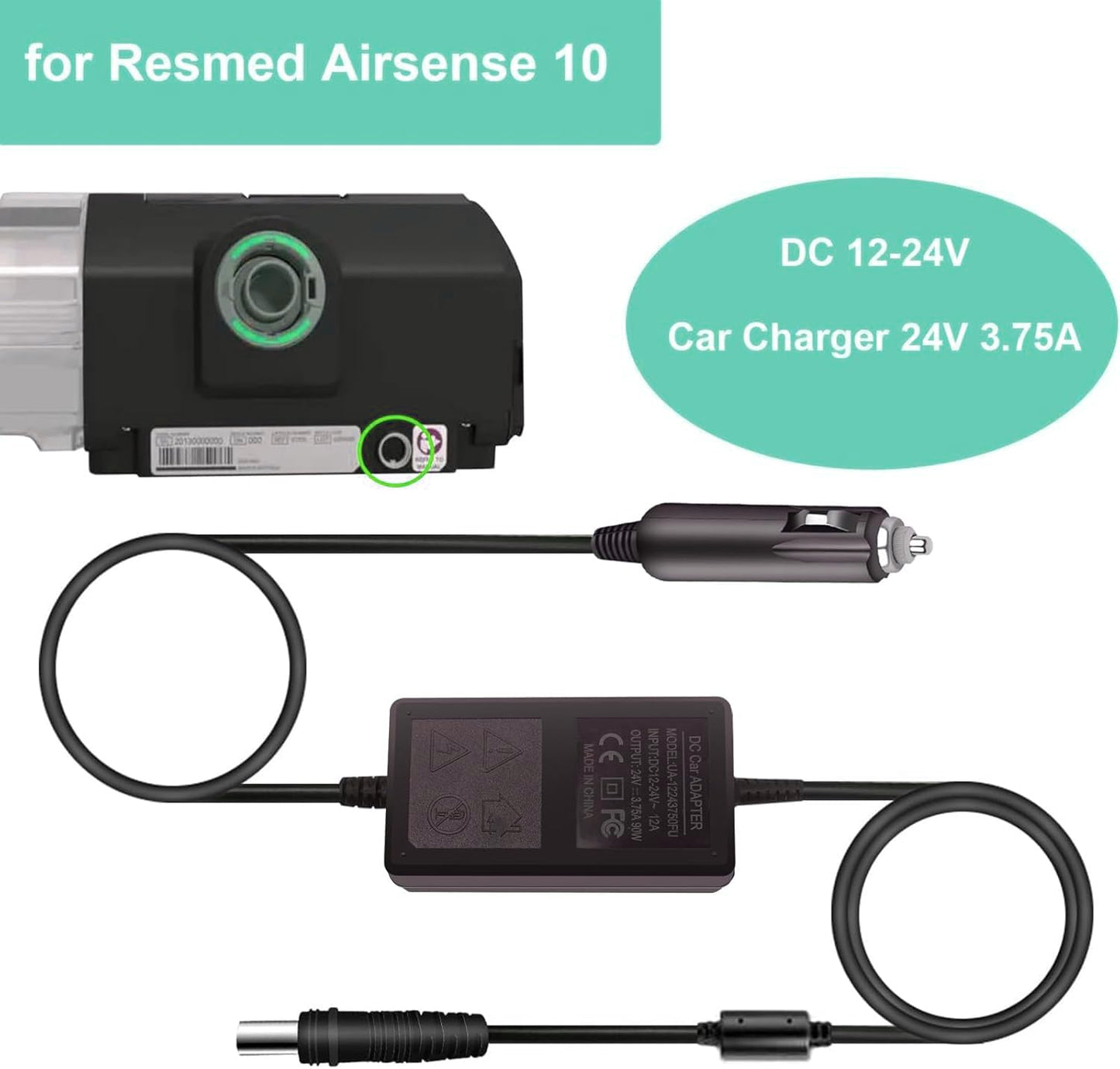 90W Car Charger Adapter for Resmed S10 Series CPAP ResMed Airsense 10 S10 AirCurve 10 Series Resmed S10 370001 37297 Rockpals 300W/500W Vehicle Power Supply