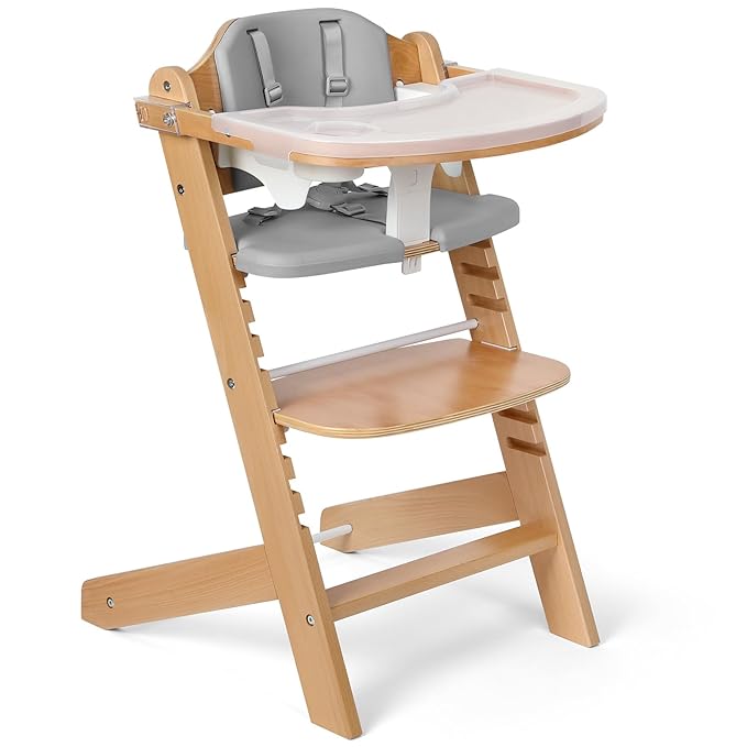 Cowiewie 3-in-1 Convertible Natural Wooden High Chair for Babies & Toddlers 3-Tier Remove & 2 Adjustable Wood Tray & 8 Lev...