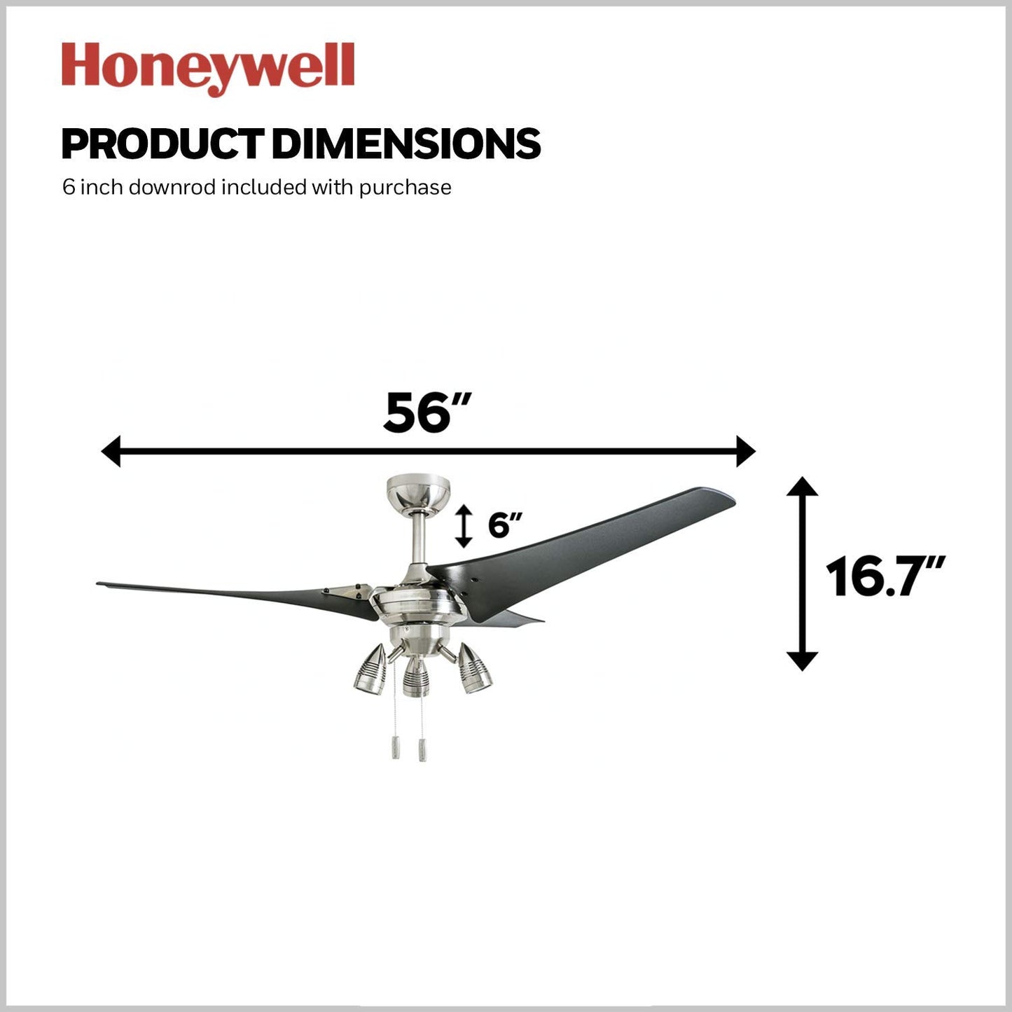Honeywell Ceiling Fans Phelix, 56 Inch Contemporary Indoor LED Ceiling Fan with Light, Pull Chain, Dual Mounting Options, Modern High Performance Blades, Reversible Motor - 50611-01 (Brushed Nickel)