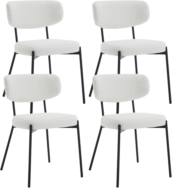 KCC Boucle Dining Chairs Set of 4, Modern Mid-Century Upholstered Stylish Kitchen Chairs Sherpa Accent Diner Chairs with Metal Legs and Curved Back for Kitchen, Dining Room(White)