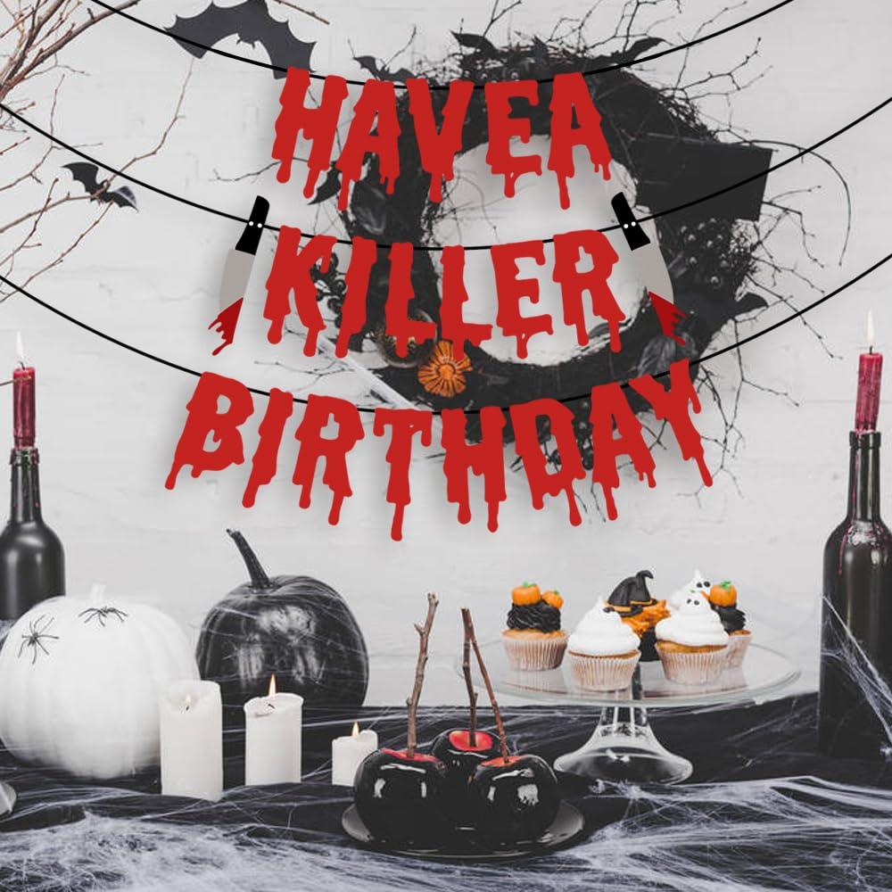 Quimoy Have a Killer Birthday Decorations, Halloween Banner Decorations, with 12 Pcs Bat Wall Sticker Décor Party,Kid Party,Haunted House Decor
