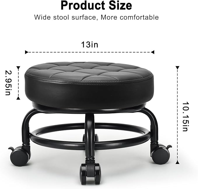 LWADALN Low Roller Seat Low Height Rolling Stool PU Leather Rolling Stool, Modern Rolling Chair for Home Office Garage Shop