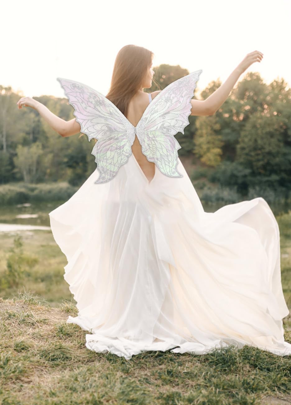 Glodecart Fairy Wings Costume for Women Girls, White Sparkling Butterfly Fairy Wings for Girls Adults Holiday Party，Sheer Princess Elf Butterfly Costume for Dress Up Women Fairy Cosplay Accessories