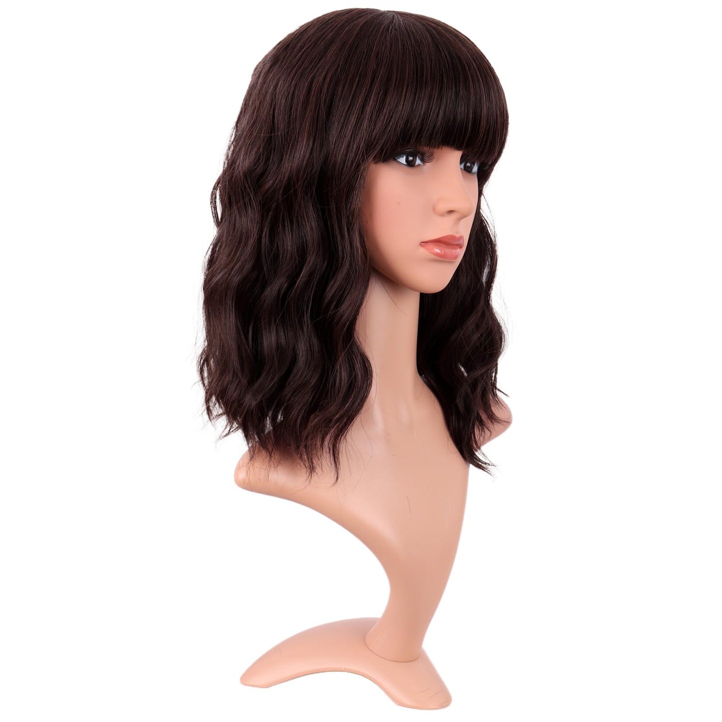 MapofBeauty 14 Inch/35 cm Short Wavy Curly Women Fresh Bright Synthetic Ordinary Flat Bangs Bob Wig (Dark Brown)