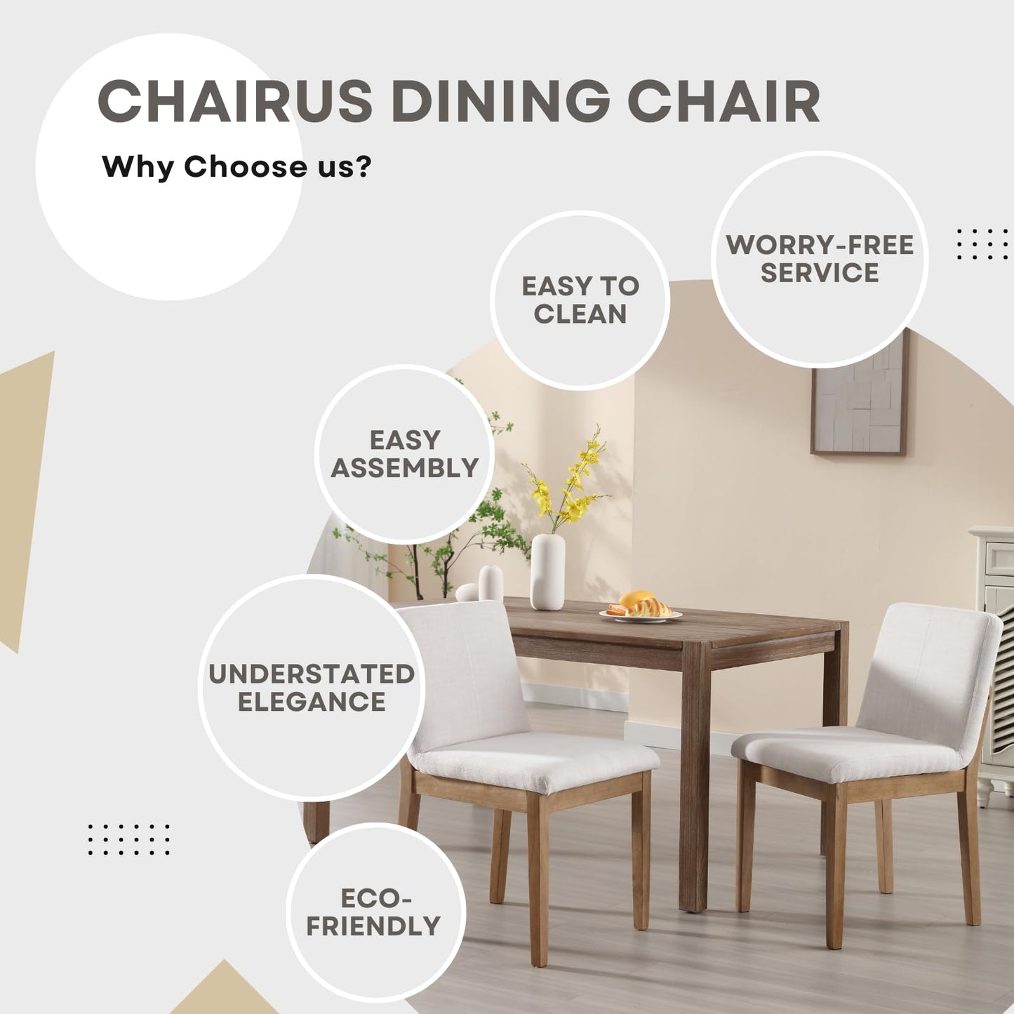 chairus Dining Chairs Armless Fabric Upholstered Kitchen & Dining Room Chairs Set of 2, Mid-Century Modern Side Chair with Natural Solid Wood Legs for Dining Room Restaurant - Linen Beige