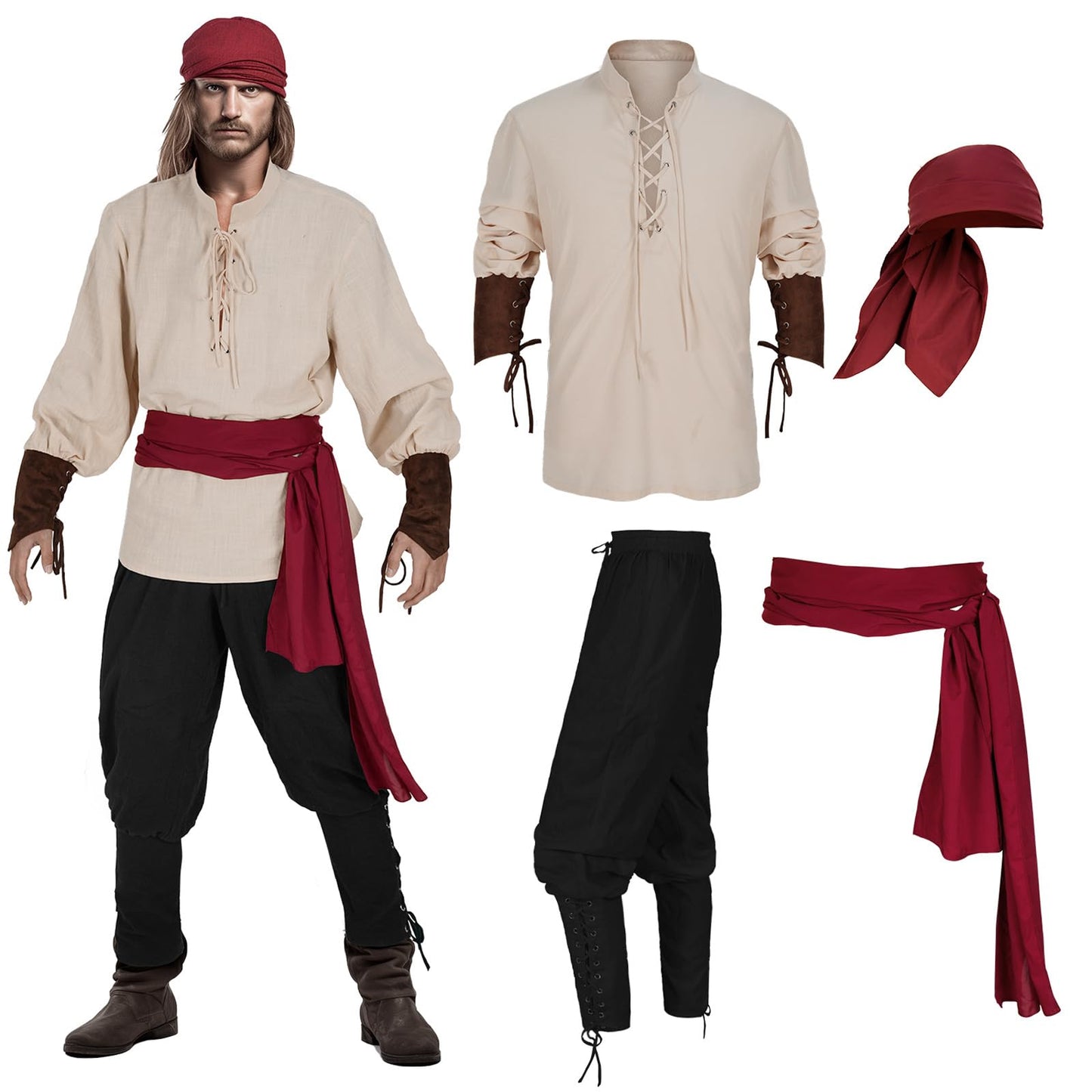 Teyujosem Men's Pirate Costume Set 4 PCS Medieval Renaissance Shirt Viking Ankle Banded Pants Halloween Costume(Z3601F,S)