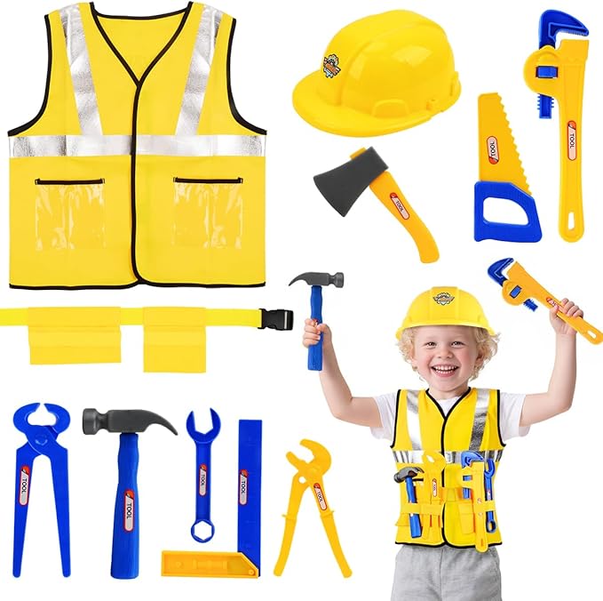 Construction Worker Role Play Costume Dress-Up Set, Costume Kids Construction Tool Set Toddler Worker Boys Pretend Builder...
