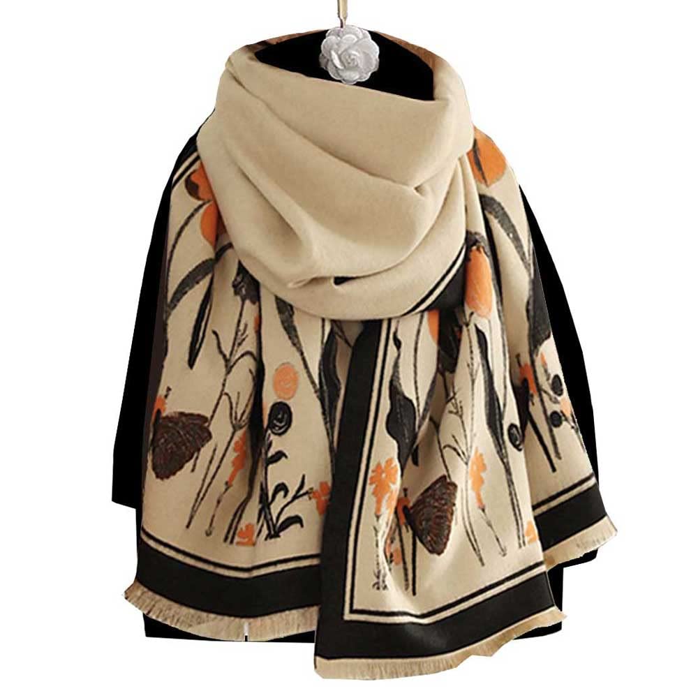 First Choose Women's Blanket Chunky,Pashmina Shawls Wraps Oversized Winter & Fall Warm Scarfs Soft Cashmere Feel for Girls and Women (Beige Black-Plant) (YS)