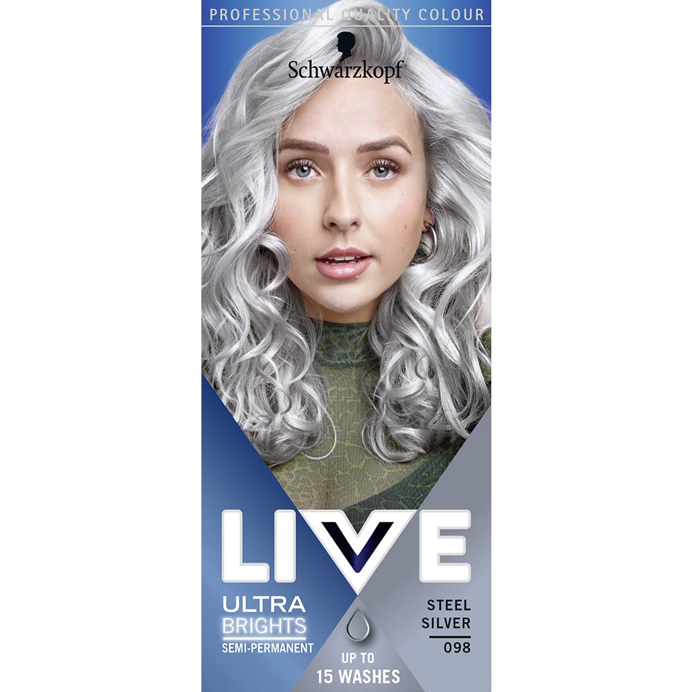 Schwarzkopf LIVE Ultra Brights Steel Silver Semi-Permanent Hair Dye 098, Silver Hair Dye for Bright or Pastel Hair Colour, Vibra