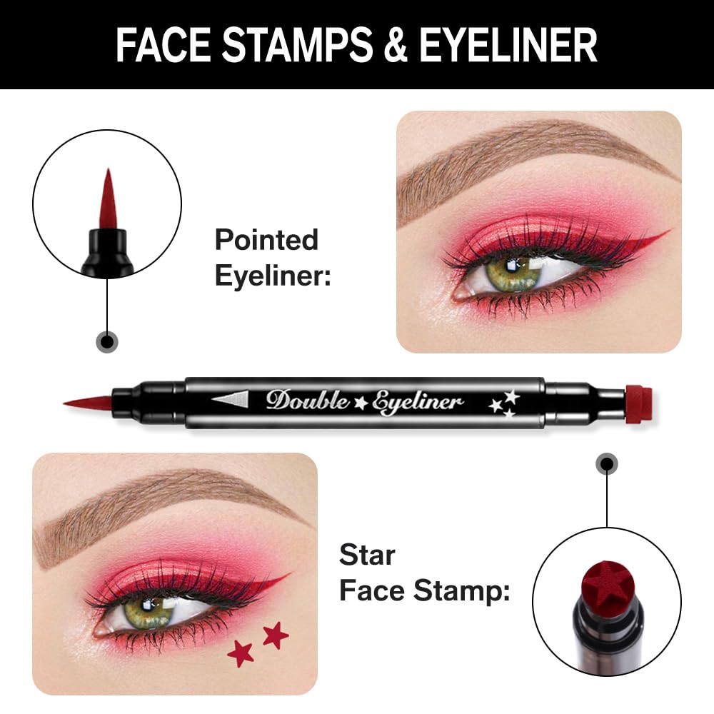 evpct 1Pcs 2-in-1 Red Colored Winged Eyeliners Stamp, Red Stars Face Stamps Makeup, Waterproof Eyeliner Eye Stamp Liners Tool Se