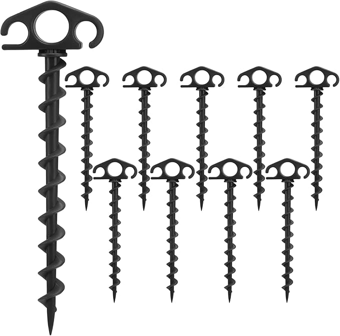 COBARYEN Tent Stakes Ground Anchors Screw in, 10 Pack Sand Stakes for Beach 9.4 Inch Heavy Duty Spiral Tent Pegs for Camping, Party, Hiking, Outdoor Decoration (10, Black)