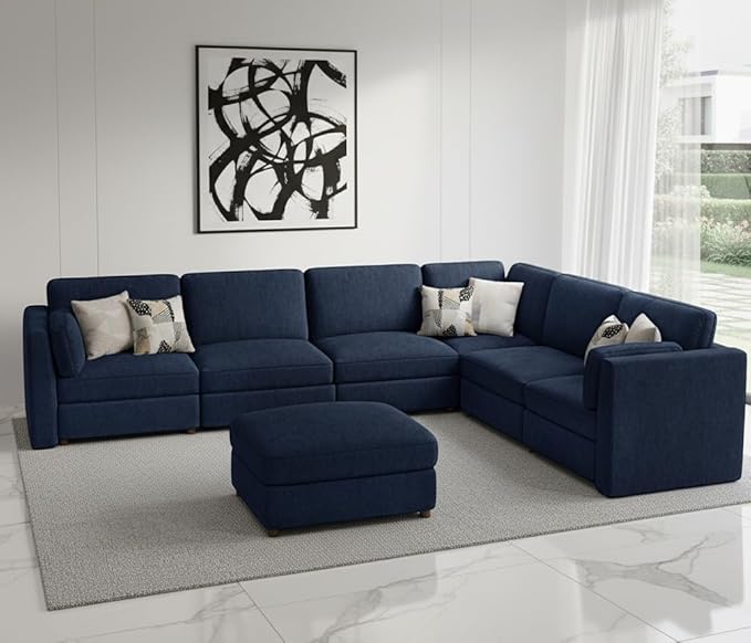 CUGOAO 159'' Modular Sectional Sofa, Oversized L-Shaped Sectional Couch with Ottoman, Deep Seat Chenille Cloud Couch, Mordern Upholstered Couches for Living Room, Apartment, Office, Blue