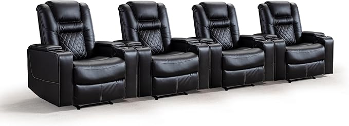 CANMOV Electric Power Recliner Chair Set of 4, Breathable Leather Home Theater Seating with Hidden Arm Storage, Power Recliner Chair for Living Room with USB Ports and Cup Holders,Black
