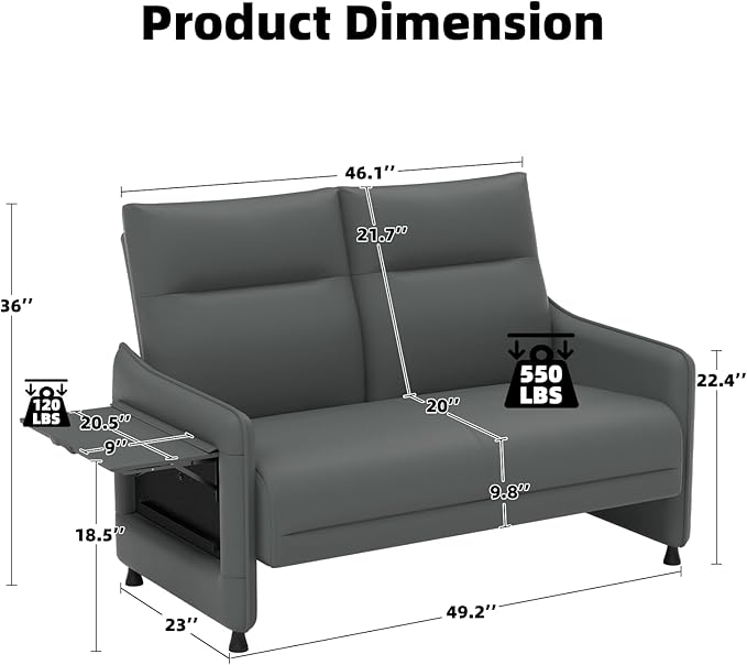 Tbillionnext Faux Leather Loveseat, Upholstered Loveseat with Hidden Foldable Tray & Side Pocket, Rear Contour Arm Design, Modern 2-Seater Sofa Couch for Small Spaces, Bedroom, Gray