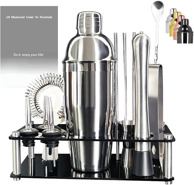 Bartender Kit, 13 Piece Cocktail Shaker Set Stainless Steel Bar Tools with Black Stand, 25 oz Shaker, Jigger, Spoon, Poure...