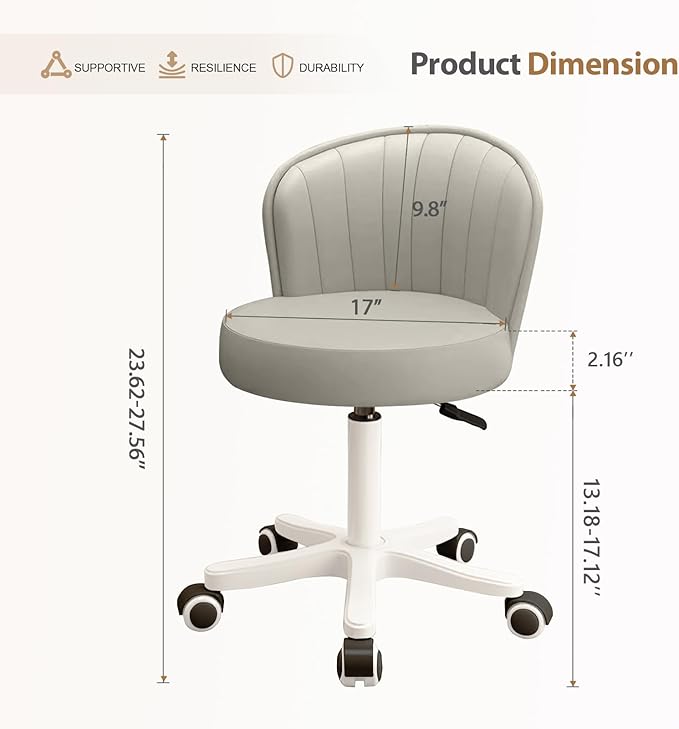 Small Round Rolling Desk Chair Armless Comfy Vanity Computer Chair with Low Backrest PU Leather Height Adjustable Swivel Work Spa Chair