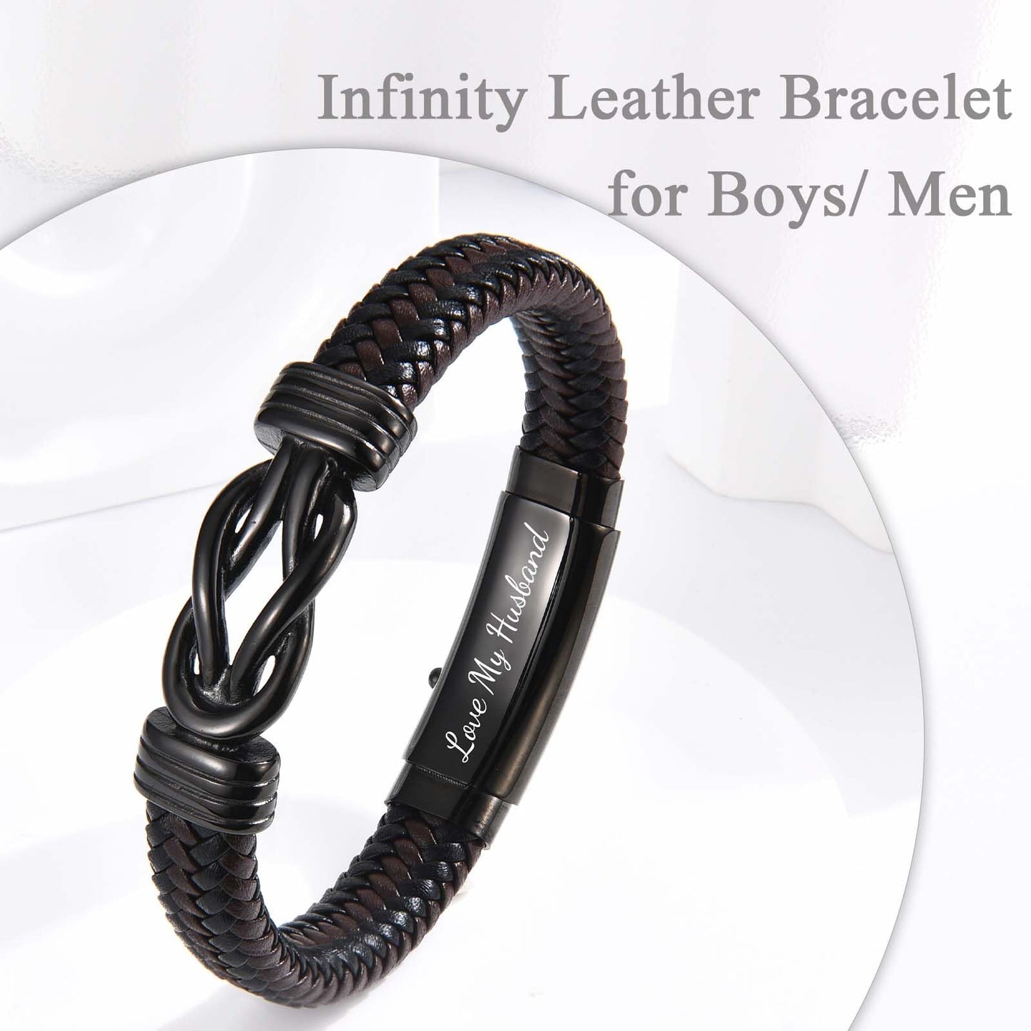 Gifts for Husband Gifts from Wife, To My Husband Brown Infinity Leather Bracelet for Men as Christmas Valentines Fathers Birthday Easter Anniversary Thanksgiving Gifts for Him Men
