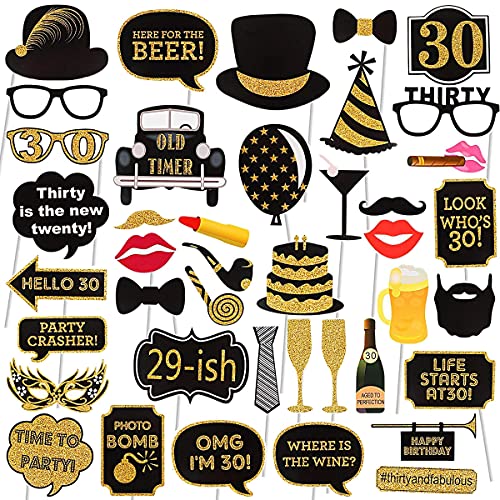Adult 30th Birthday Photo Booth Props(41Pcs) for Her Him Dirty Thirty 30th Birthday Party, Gold and Red Decorations,30 Bir...