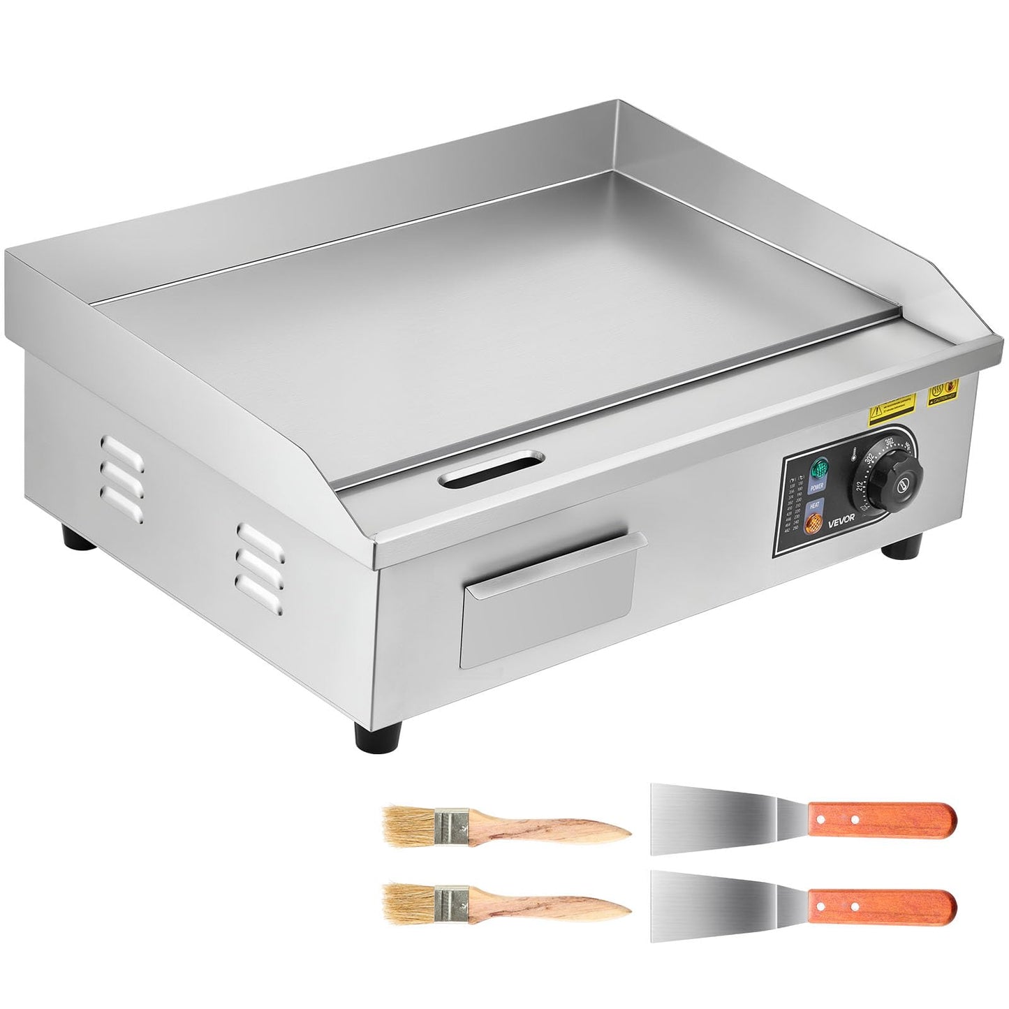 VEVOR Commercial Electric Griddle, 21.06 x 11.81 inch, 3200W, 122-570°F Adjustable Temp Control, Stainless Steel Body, Full Flat, with 2 Spatulas, 2 Brushes, and 4 Foot Pads, for Steak, Pancake