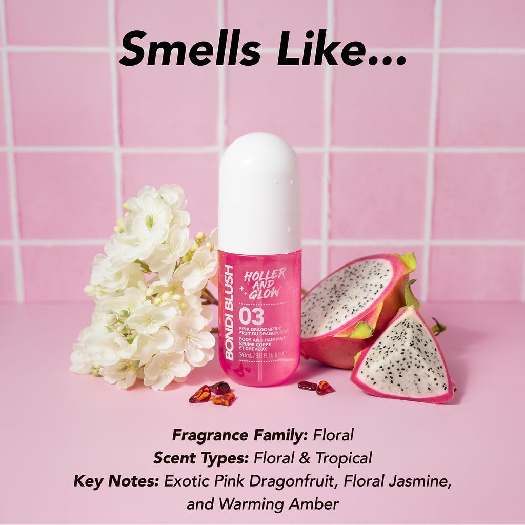 HOLLER AND GLOW Bondi Blush Pink Dragonfruit Body & Hair Mist, Body Spray For Women, Hair Perfume For Women, Jasmine, Amber Scented, Floral & Tropical Fragrance Notes, 8.11 Fl Oz
