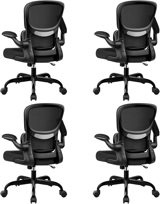 BESTFAIR Office Chair Ergonomic Desk Chair, Breathable Mesh Comfy Chair with Lumbar Support, Computer Chair, Home Desk Chair with Flip-up Armrests, Gaming Chair for Adults Home Office (Black,4Pack)