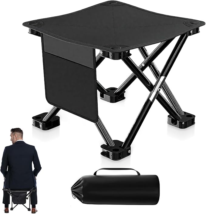 ZHIYUEJING Folding Camping Footrest, 13-Inch Camping Stool with Carrying Pouch and Side Pockets for Picnic, Beach, Fishing, Hiking, Black