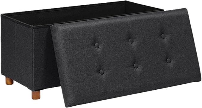 PINPLUS Storage Ottoman Cube, White Linen Footrest with Wooden Legs, Foldable Fabric Footrest, Comfortable Seat with Lid, Ottoman with Storage for Living Room, 30" x 15" x 15"，Black