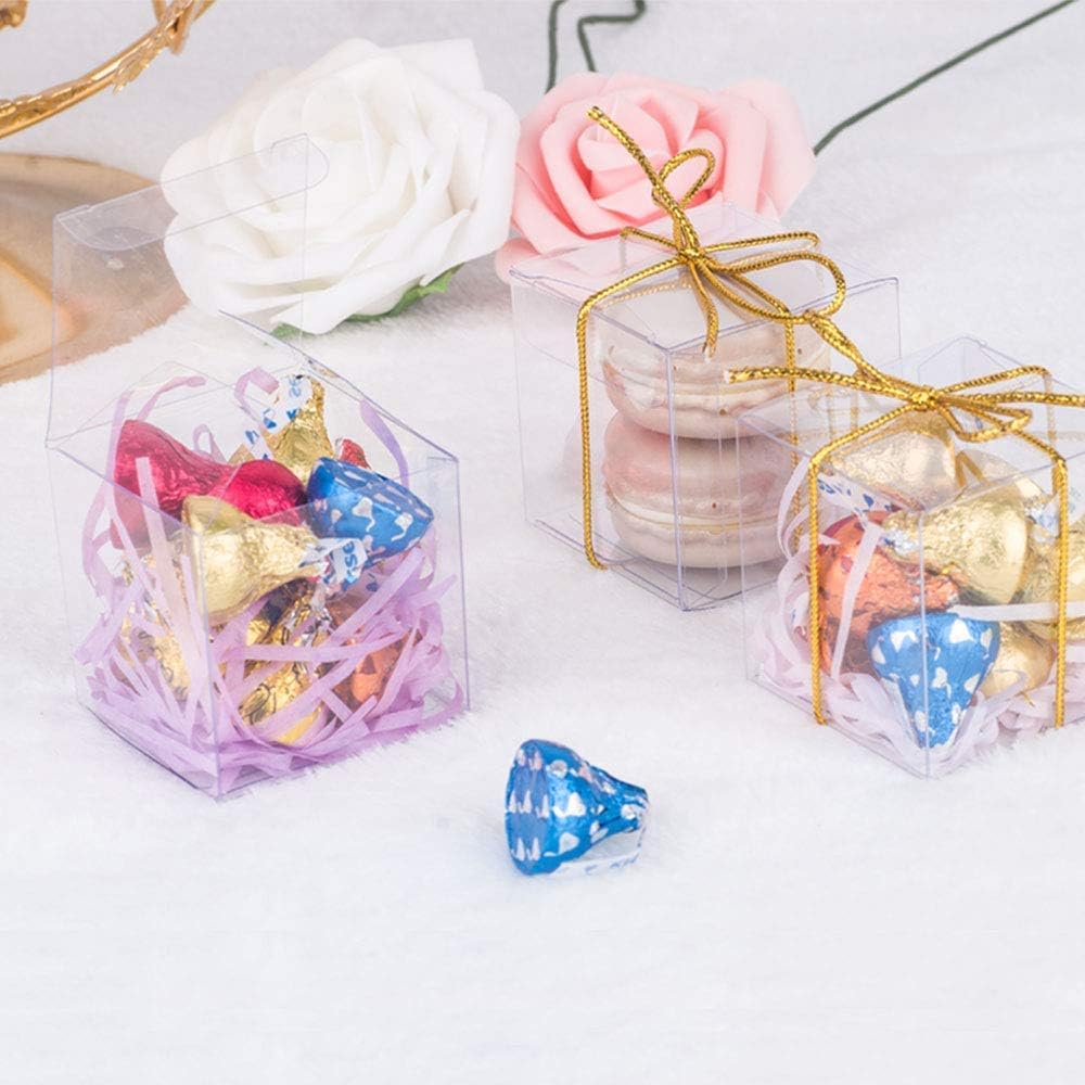 JOERSH 2x2x2 Inches Clear Boxes for Favors with Gift Ribbons, 120 PCS Mini Transparent Cube Wedding Baby Shower Birthday Party Favor Boxes, Small Gifts Display Individual Macaron Box