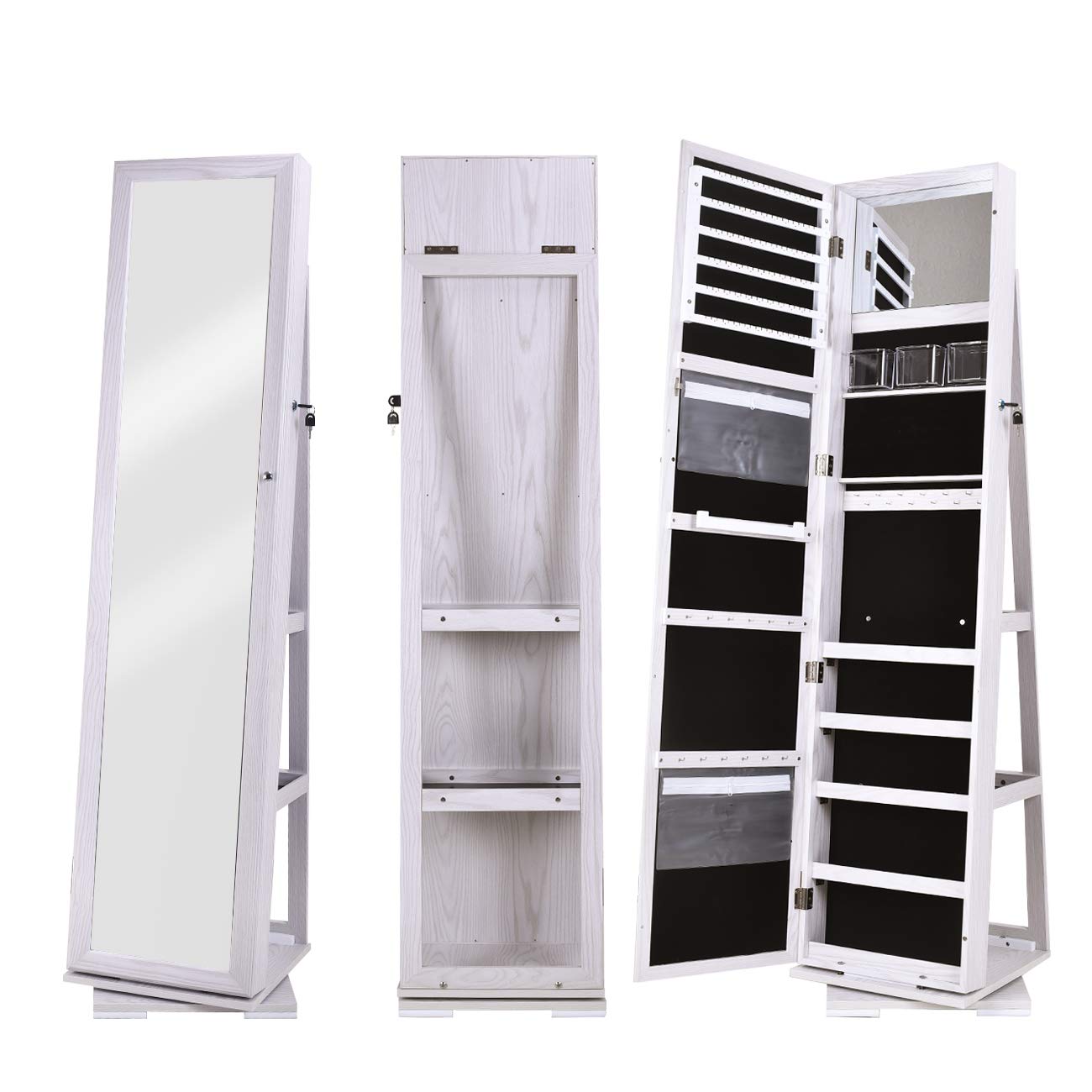 sogesfurniture Lockable Floor Standing Wooden Jewelry Armoire with Full Length Mirror 360°Rotatable Jewelry Organizer Cabinet Lockable with Storage Shelf, White BHUS-QH-7021C