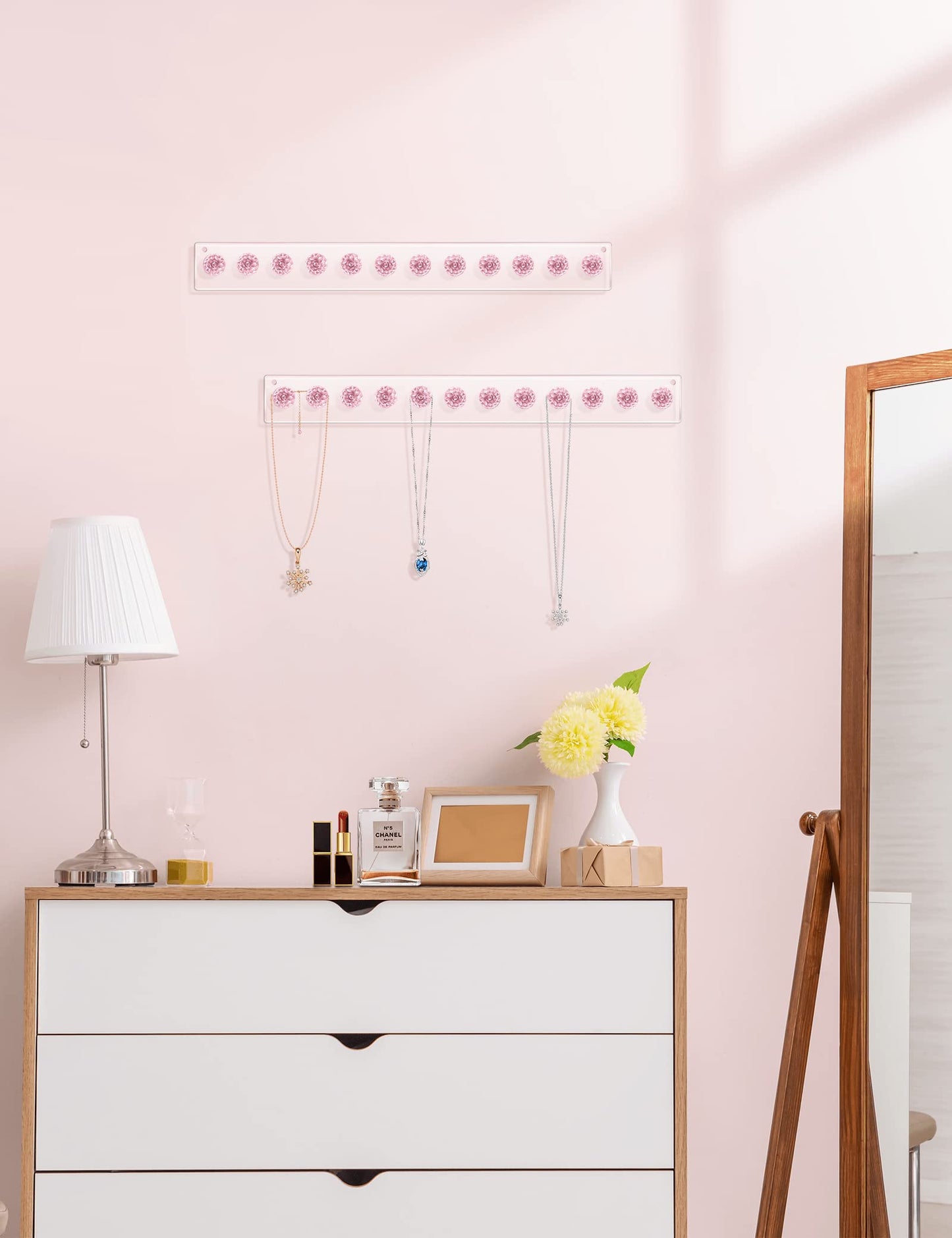 Heesch Necklace Holder Pink, Acrylic Necklace Hanger Wall Mount, Hanging Necklace Organizer, Jewelry Hooks for Necklaces, Bracel