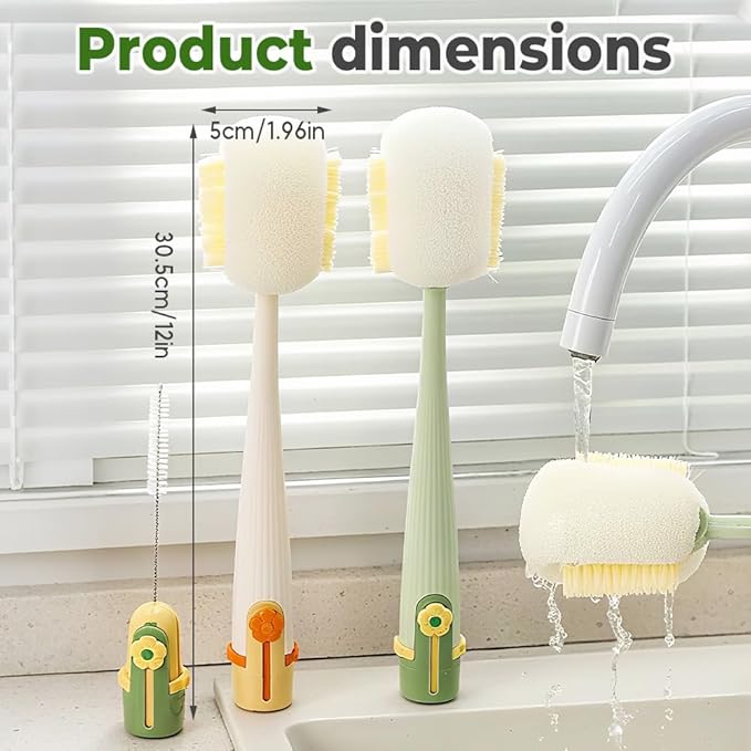5 in 1 Bottle Cleaning Brush Set, 2025 Multifunctional Lid Brush Cleaning Tool Kitchen, Portable Long Handle Bottles Scrubber for Cup Lids, Hard Bristle Sponge Head Bottle Brushes (Green and White)