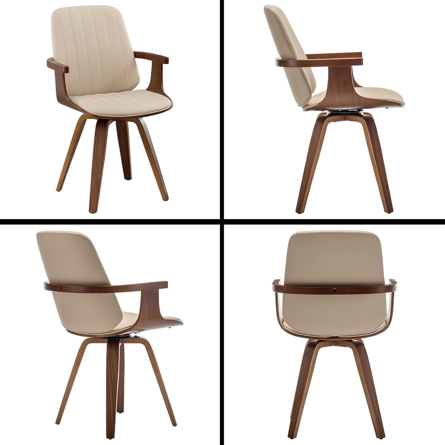 Dining Chairs Set of 2, Mid Century Modern Dining Chairs with Walnut Craftsmanship, Upholstered Faux Leather, Wooden Arms and Legs, Dining Chair with Arms for Kitchen/Living Room (Beige, Swivel)