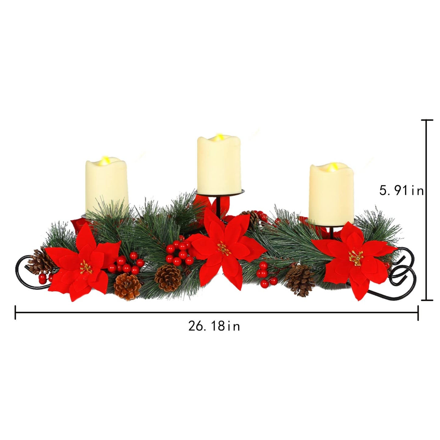 MorTime Christmas Centerpiece with 3 Candle Holders, Xmas Tabletop Decor with Red Flowers Berries Pinecones Steel Base for Indoor Home Christmas Decoration