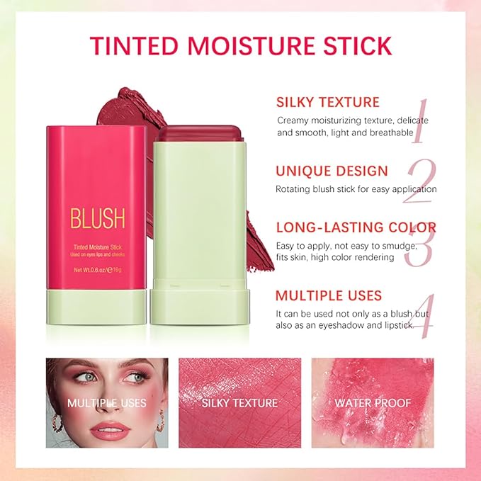 Multi-Use Makeup Blush Stick, Cream Blush Stick, Tinted Solid Moisturizer Stick for Cheek & Eyes & Lips, Waterproof Natural Nude Makeup, Suitable for All Skin (1#Shy Pink)