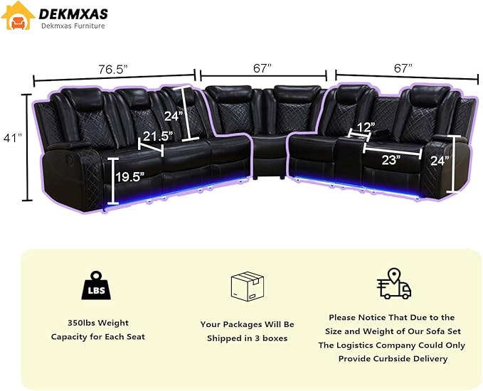 Dekmxas Living Room Furniture Set, Power Sectional Recliner Sofa Set with LED Light,Black Air Leather Power Reclining Sofa with 2 Recliner Seats/Cup Holders/USB Port/Storage Console for Living Room