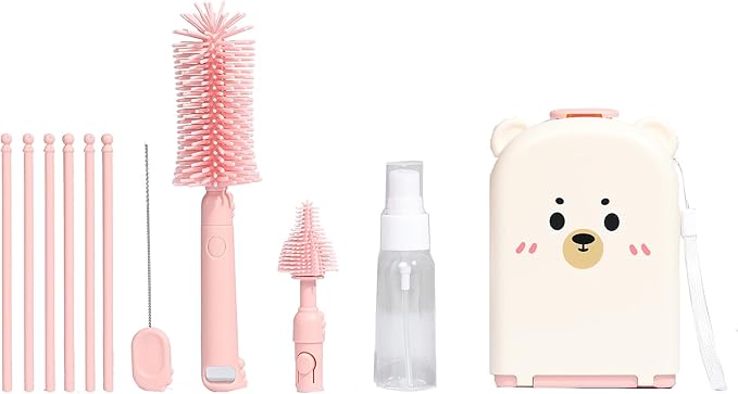 6 In1 Baby Bottle Brush Kit,Portable Silicone Bottle Brush Cleaner Set with Straw Brush,Nipple Brush,Drying Rack,Soap Dispenser,Storage Bag for Travel or Home,Stocking Stuffer(Pink)