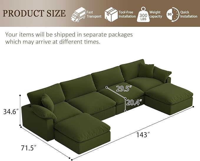 Forest aesthetics Modern Modular Sectional Sofa U-Shaped 6-Seat with Ottoman,Green-Extra Comfty Deep Seat Couch for Living Room,Apartment,Office & Small Spaces