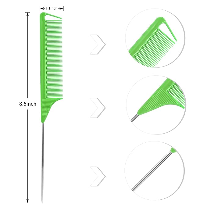 Rat Tail Combs Set: 3Pcs Steel Pin Teasing Combs for Hair Stylists, Parting Combs for Women (Green)