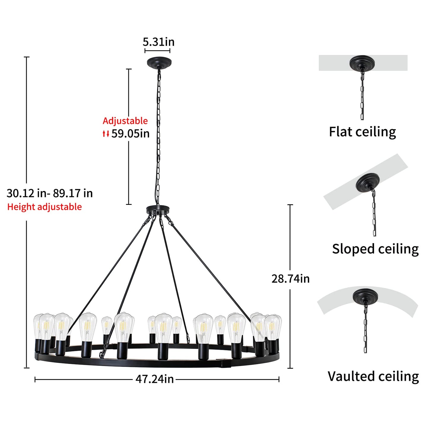 Rviezza Wagon Wheel Chandelier 24-Light 48-Inch, Black Round Rustic Farmhouse Chandelier Extra Large for High Ceilings, Dining Room, Living Room