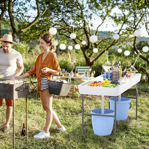 Giantex 5 FT Folding Ice Table with Double Sinks and Drains, Portable Ice Cooler Table with Removable Skirt, No Assembly, ...