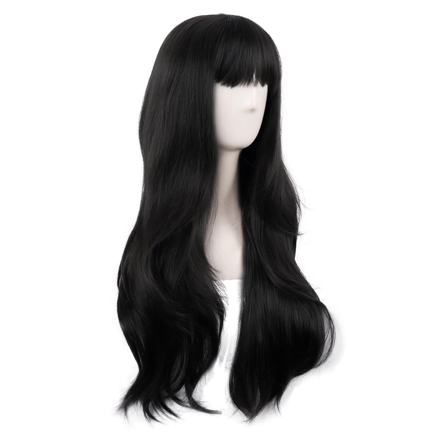 MapofBeauty 28 Inch/70 cm Long Curtain Bangs Synthetic Fiber Wavy Curly Heat Resistant Cosplay Party Wig (Black)
