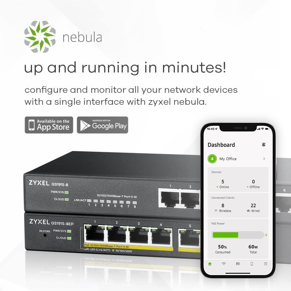 Zyxel 8-Port Poe Gbe Switch | Smart-Hybrid Mode | 8X Poe+ @60W | Optional Nebula Cloud | Desktop| Fanless [Gs1915-8Ep]
