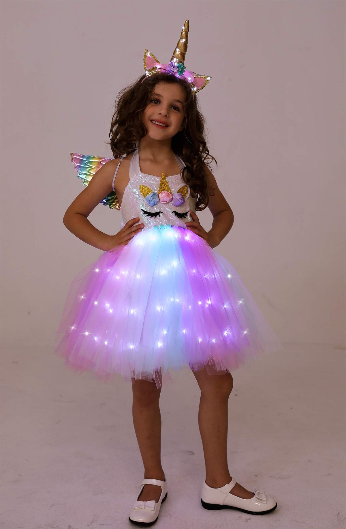 Viyorshop Girls Unicorn Costume LED Light Up Tutu Dress Up Birthday Gifts Princess Dress for Halloween Party(Sequins, 5-6 Years)