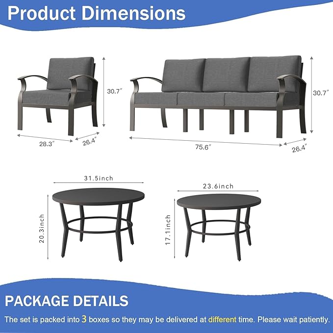 RTDTD Aluminum Outdoor Patio Furniture Set,5 Seats Patio Conversation Sets with 2 Round Coffee Tables,Metal Patio Sectional Furniture Set with 5.1" Thickened Cushions,Grey