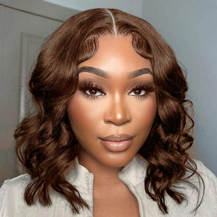 DOLLY PRETTY Chocolate Brown Lace Front Bob Wig 10Inch 13x6 Body Wave Lace Front Wigs Human Hair 200 Density Pre Plucked 4# Colo
